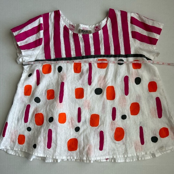 FLAX Women’s White Painted Unique Linen Short Sleeve Top Medium - Picture 6 of 12